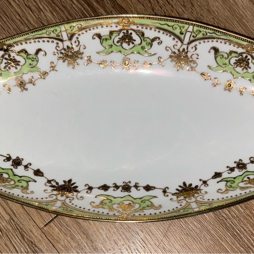 Source Unknown Green and Gold Oval celery serving dish